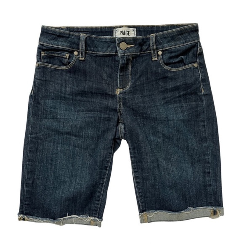 Paige Y2K Bermuda Denim Cuffed Raw Hem Stretch Jean Shorts Dark Wash